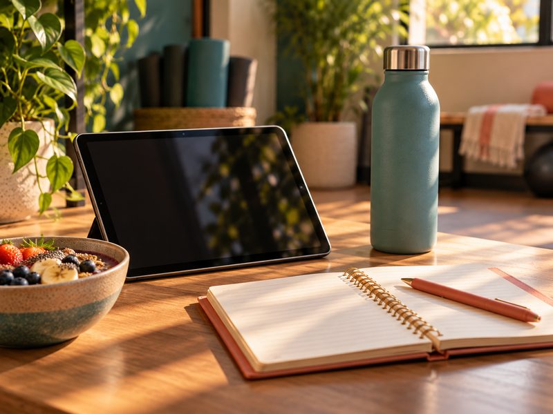 A notebook, tablet and smoothie bowl set up for a nutrition check-in
