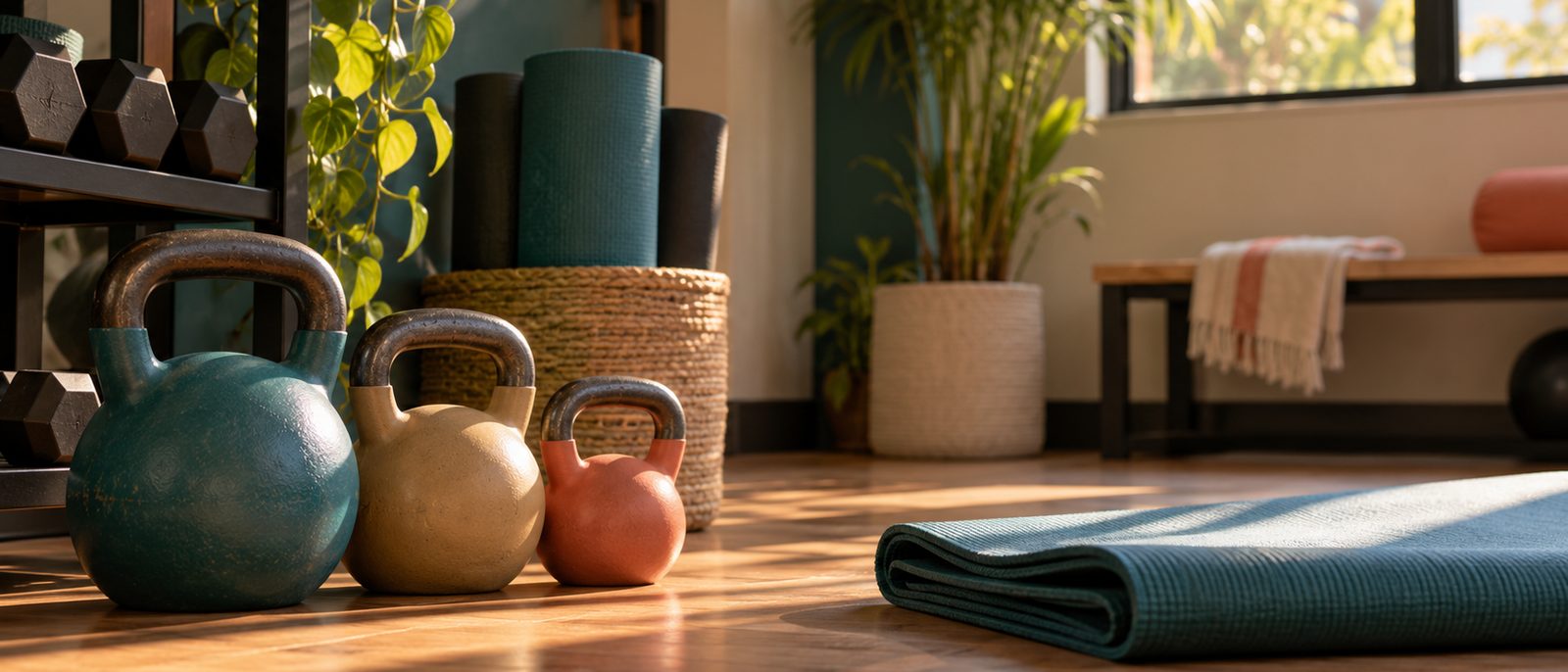 A corner of the FitJai studio: kettlebells, mats and morning light