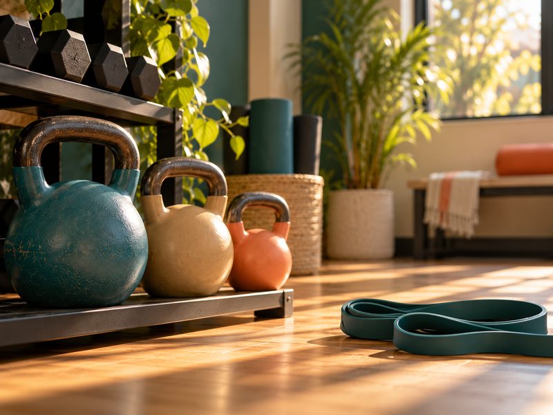 Kettlebells and a resistance band on the studio floor